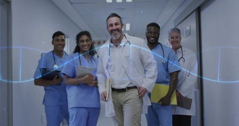 Diverse Medical Team Walking Corridor with DNA Overlay Illustration