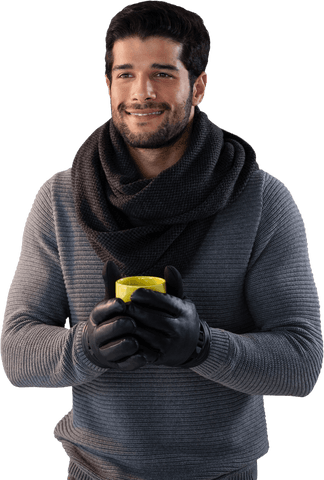 Cheerful Man in Winter Clothes Holding Coffee on Transparent Background