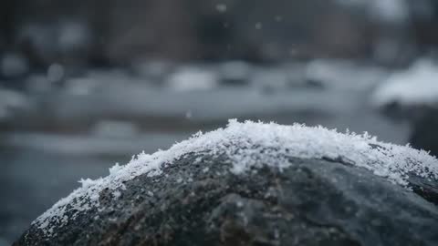 Snow Collecting on Rounded Shore Rock while Falling Flakes Create Crystalline Texture on Waterfront