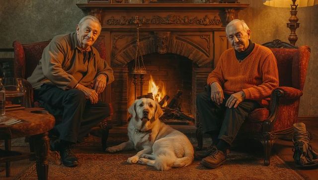 Senior friends enjoying cozy fireplace evening with labrador