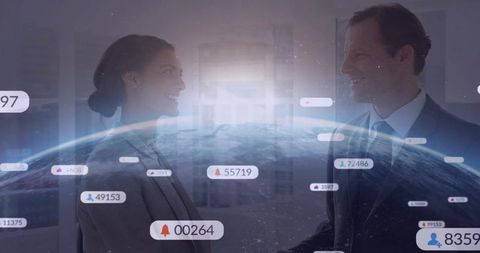 Business leaders collaborating with holographic globe and live data badges