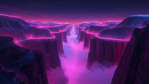 Neon rim canyons glowing pink-purple fog filling deep futuristic chasm at twilight