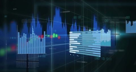 Holographic financial dashboard displaying 3d blue charts, candlesticks and stacked bars