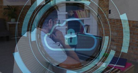 Remote worker securing cloud data on laptop in home office with digital padlock overlay