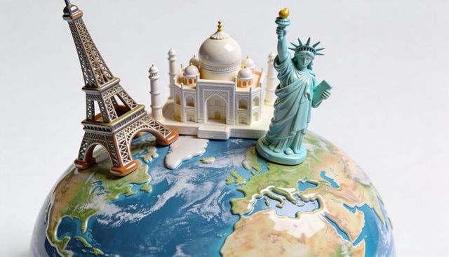 Miniature world landmarks showcasing eiffel tower taj mahal statue of liberty on globe