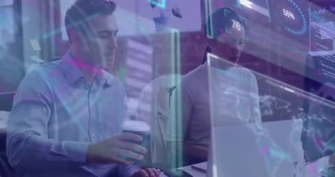 Collaborative Coworkers Typing in Innovative Tech Office with Data Displays