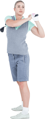 Focused Woman Swinging Golf Club on Transparent Background