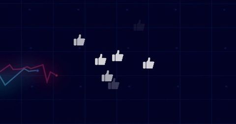 Floating thumbs-up icons representing social engagement on neon analytics dashboard