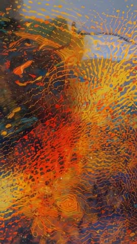 Vertical abstract paint ripple video of translucent pigment drifting across sunlit glass