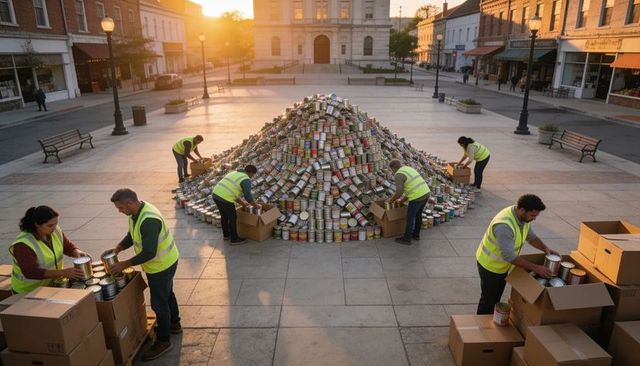 Volunteers stacking massive canned food mountain in town square at sunrise