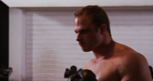 Image shows a male boxer focusing intensely while training in a gym, wearing black boxing gloves. Could be used for fitness advertisements, articles on mental toughness, sportswear promotions, or posters motivating physical fitness.