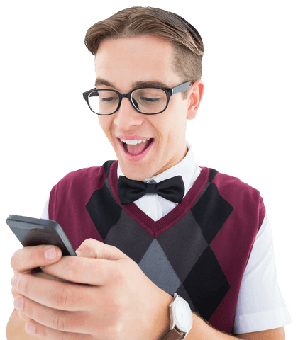 Excited Geeky Hipster texting with Transparent Background - Download Free Stock Videos Pikwizard.com