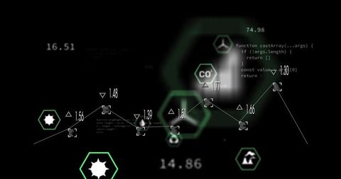Futuristic green hex network visualizing data analytics with code overlay interface HUD