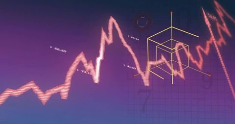 Displaying neon time series chart with yellow 3d wireframe cube and grid hud