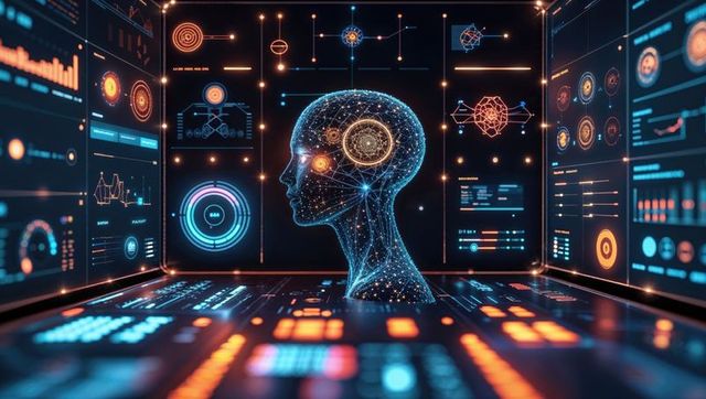 Futuristic Holographic Interface with Rotating Wireframe Head