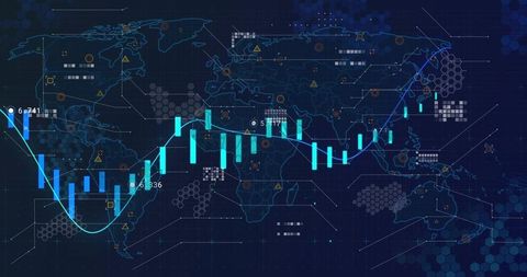 Global market dashboard displaying candlestick chart, moving average and world data map