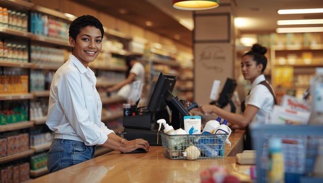 Smiling cashier scanning groceries at checkout counter in bright grocery store