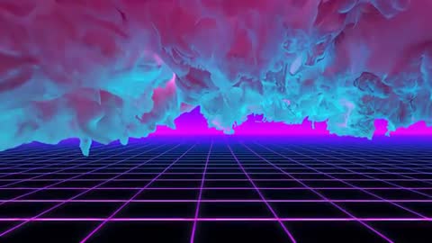 Looping Cyan-Pink Cloud Drifting Over Neon Grid, Magenta Horizon Glow, Retro Synthwave