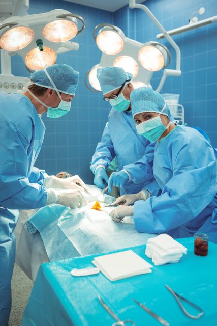 Team of surgeons in blue scrubs and masks performing a surgical operation in a hospital operating room. The scene includes surgical instruments and bright overhead lights. Ideal for use in medical, healthcare, and hospital-related content, illustrating teamwork, precision, and patient care in a sterile environment.