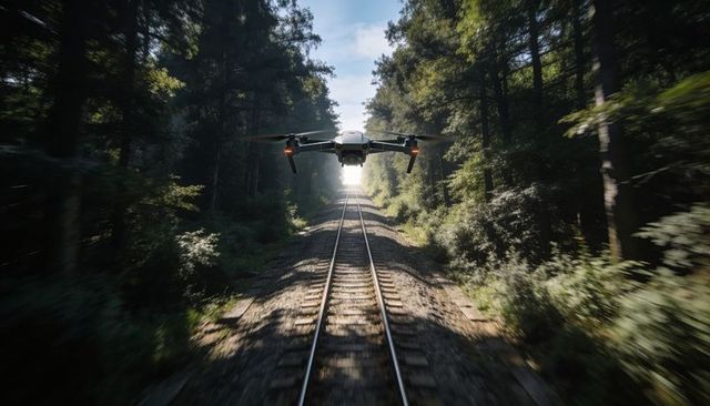 Hovering quadcopter gliding low over railway tracks through sunlit woodland corridor