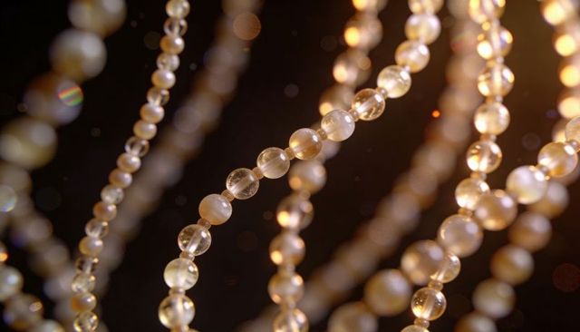 Golden glass beads dangling, catching warm light and bokeh, macro chandelier detail