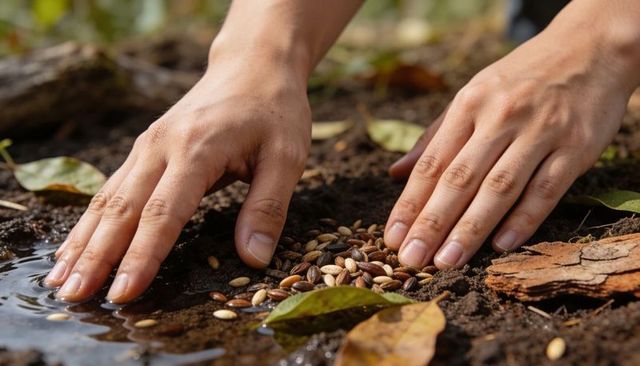 Hands planting seeds in damp soil closeup for sustainable gardening and seed sowing
