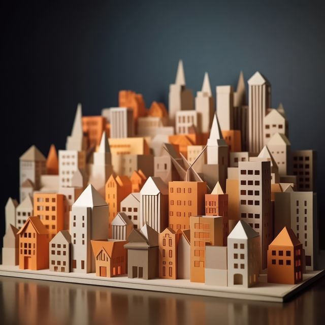 Perfect for showcasing creativity and craftsmanship in art and design-related contexts. Ideal for illustrating concepts of architecture, urban planning, and model making. Can be used in educational materials, art project portfolios, and craft instructional guides.