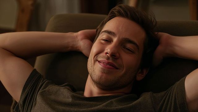 Man reclining on sofa relaxing in warm evening light cozy living room portrait