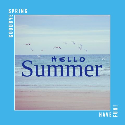 Hello summer beach scene with seagulls and blue ocean