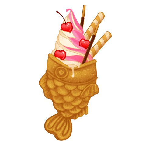Gourmet fish-shaped waffle cone with pink swirl on transparent background