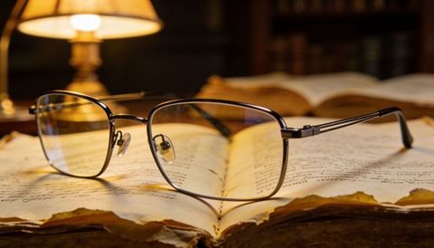 Vintage reading glasses on open antique book with warm lamp glow, study ambience