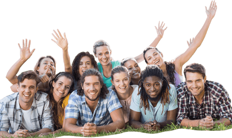 Cheerful group of diverse friends smiling outdoors transparent background
