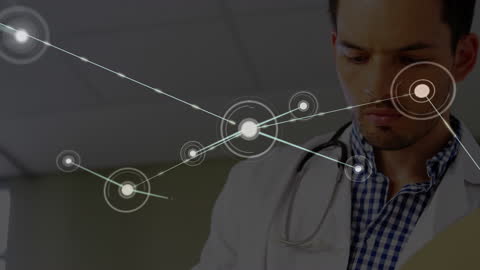 Doctor Analyzing Data with Digital Connections Overlay