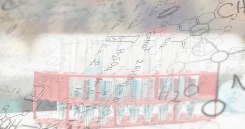 Chemical formulas overlaying test tubes in research laboratory