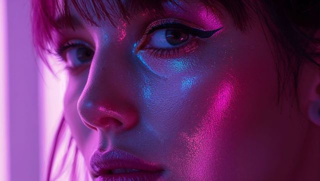 Glamorous Close-up Portrait of Neon-Lit Model with Artistic Makeup