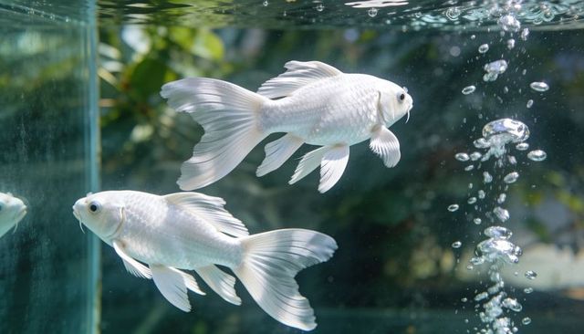 Two white fantail goldfish gliding in aquarium with rising bubble column, pearlescent fins