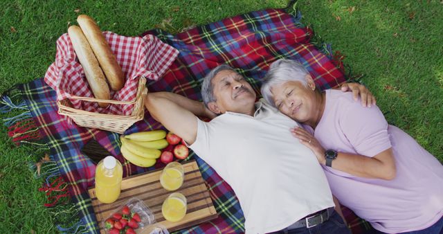 Image of happy biracial senior couple having picnic in garden. active retirement lifestyle, senior relationship and spending time together concept.
