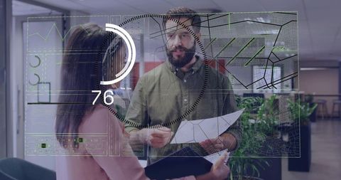 Collaborating with Digital HUD Overlay While Reviewing Blueprint and Tablet in Office