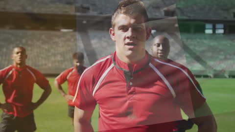 Rugby Players on Field with Irish Flag Overlay Symbolizing Patriotism