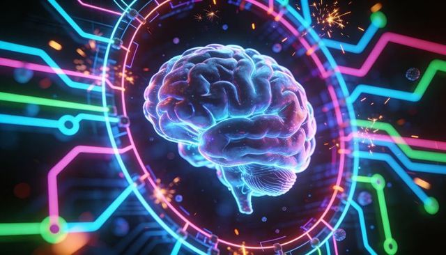 Neon brain glowing and pulsing within holographic circuit ring for ai neural interface