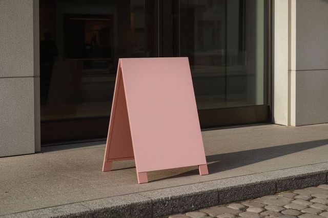 Blank pink sandwich board sign outside modern building