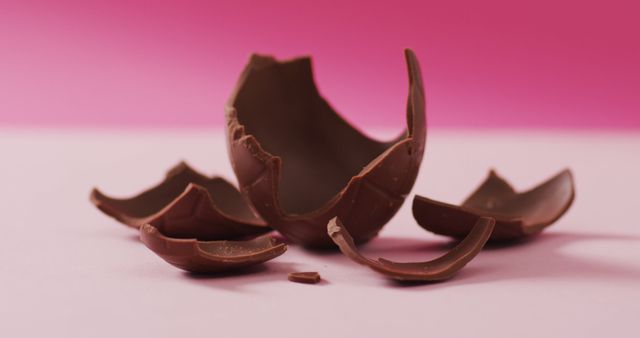 Broken chocolate egg lying on a pink background, showcasing pieces of chocolate scattered around. Ideal for advertisements related to sweets, chocolates, or Easter-themed products. Can be used in articles and blogs about holiday celebrations, chocolate recipes, and confectionery promotions.