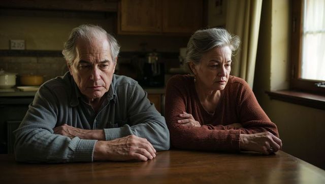 Thoughtful senior couple sitting at kitchen table sharing quiet moment reflecting on partnership