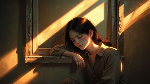 Melancholic woman in sunlit rustic room - shy concept