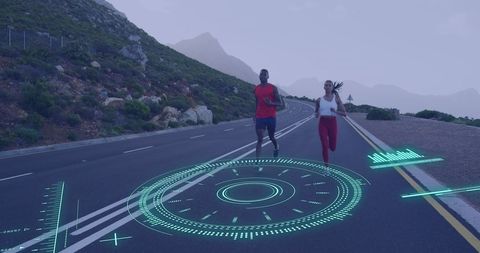 Digital Fitness Interface Over Runners on Mountain Road