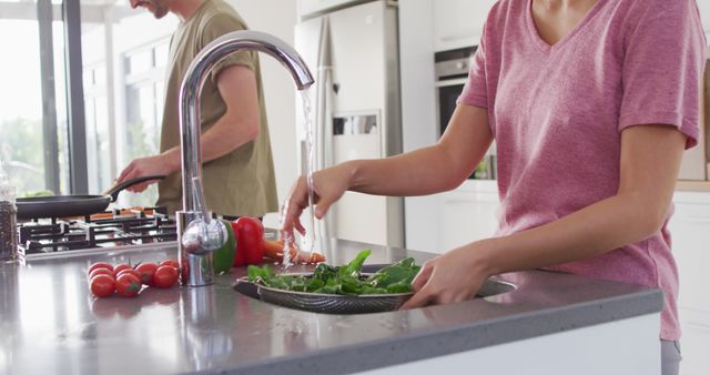 Couple is preparing fresh vegetables in a bright, modern kitchen. One person is washing greens at the sink while the other is chopping vegetables on the countertop. There are tomatoes, bell peppers, and other fresh ingredients, emphasizing healthy, home-cooked meals. Suitable for content about home cooking, healthy lifestyle, domestic life, or relationship dynamics.