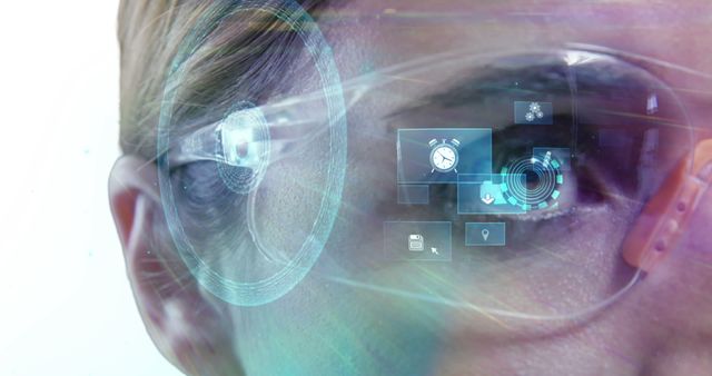 Image of media icons over eye of woman in vr glasses using interface. digital interface technology, data processing and global communication concept digitally generated image.