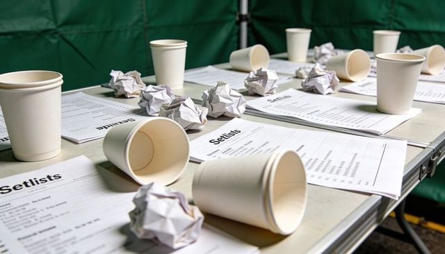 Showing backstage setlists with discarded paper cups and crumpled notes on prep table