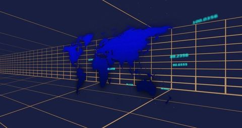 Futuristic World Map Silhouette in Digital Data Grid