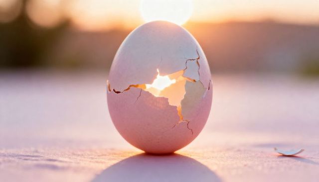 Cracked eggshell standing in warm sunrise light, glowing through delicate fractures